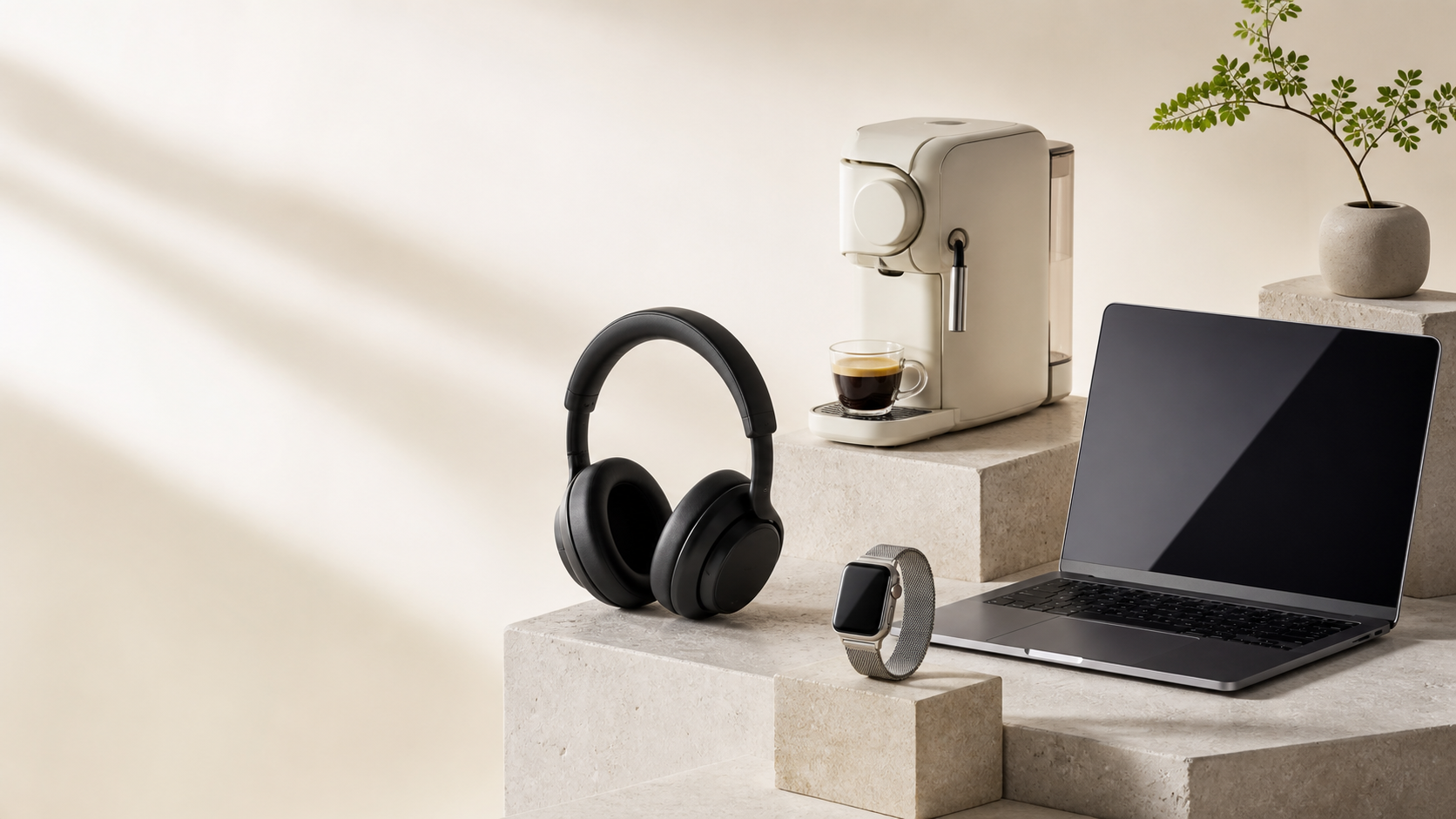 Curated technology and home products in a warm editorial studio